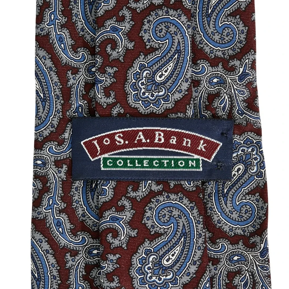 JOS A BANK COLLECTION Mens Silk Necktie Burgundy‎ Blue Paisley Handcrafted USA